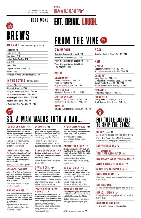 Brea Improv Food and Drink Menu