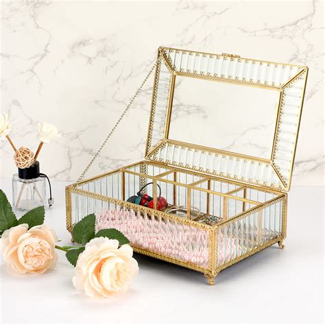 ELLDOO Golden Vintage Jewelry Box Mirrored Glass Box Floral Border