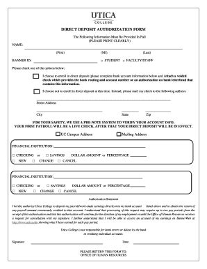 Fillable Online DIRECT DEPOSIT AUTHORIZATION FORM Utica College Fax