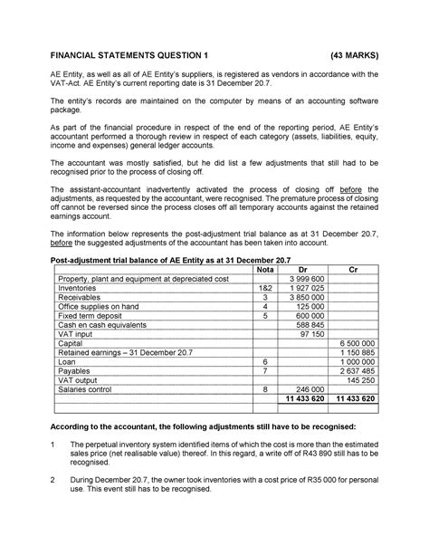 Financial Statements Question 1 Financial Statements Question 1 43 Marks Ae Entity As Well