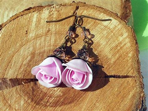 Flower Earrings Pink Roses Handmade Polymer Clay Weddings Romantic