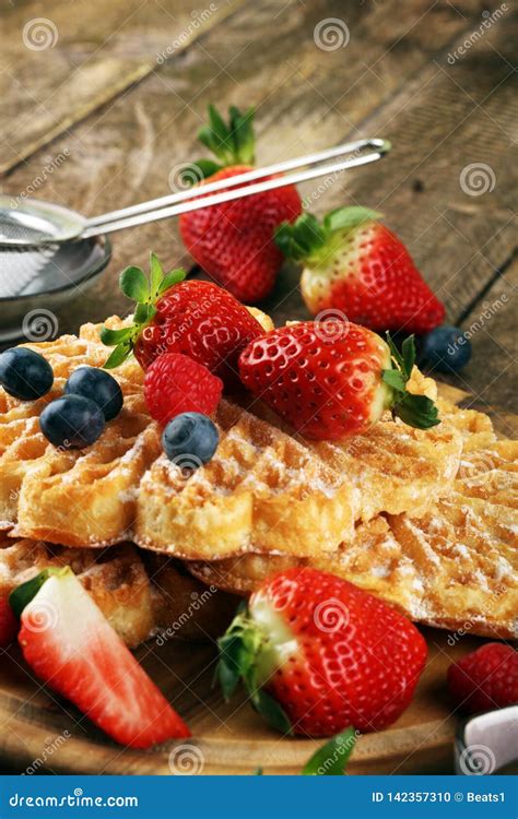 Waffle Traditional Belgian Waffles With Fresh Fruit And Powder Sugar