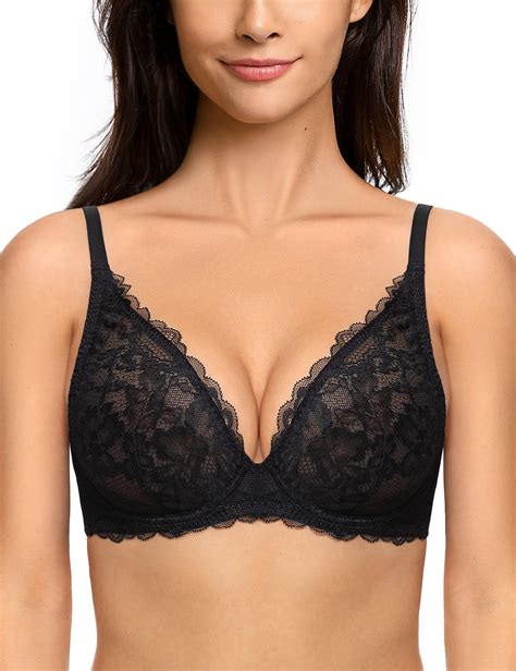 Deyllo Womens Sexy Lace Bra Non Padded Underwire See Through Unlined Bra Mesh Sheer Plunge Low