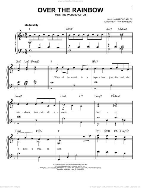 Over The Rainbow, (easy) sheet music for piano solo (PDF)