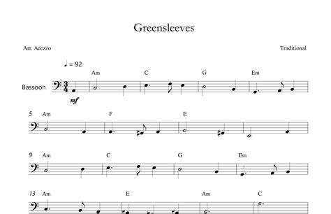 Greensleeves Lead Sheet For Bassoon Chord Symbols Arr Arezzo Music