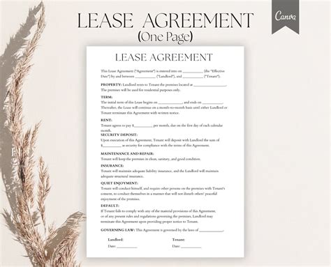 Editable One Page Lease Agreement Rental Agreement Simple One Page