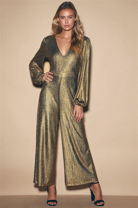 Glam Gold Jumpsuit Metallic Jumpsuit Wide Leg Jumpsuit Lulus