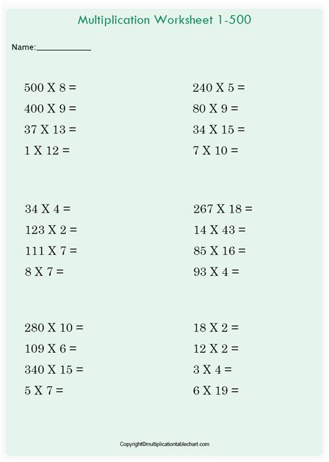 Free Printable Multiplication Table Chart 1-500 PDF