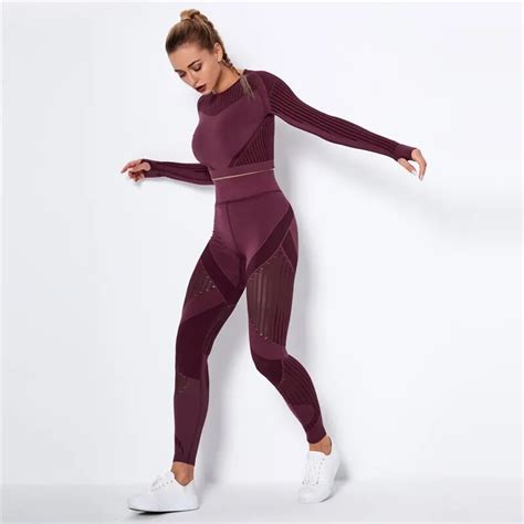 Women Sport Suit 2 Piece Fitness Tracksuit Set Gym Workout Clothes Long Sleeve Crop Top High