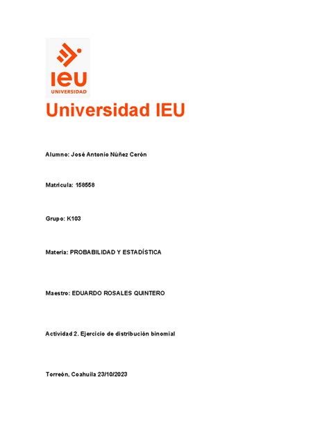 Actividad 2 Ejercicio de distribución binomial Universidad IEU