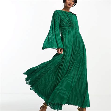 Asos Dresses Asos Tie Back Fluted Sleeve Pleated Chevron Chiffon Midi Dress In Green Poshmark