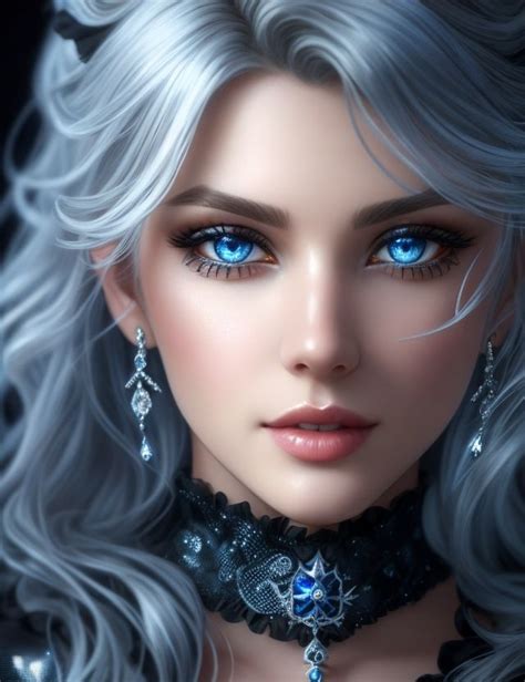 Snow Queen Fantasy Rpg Eye Art Silver Hair Blue Hair Diamond Pendant Female Art Blue Eyes