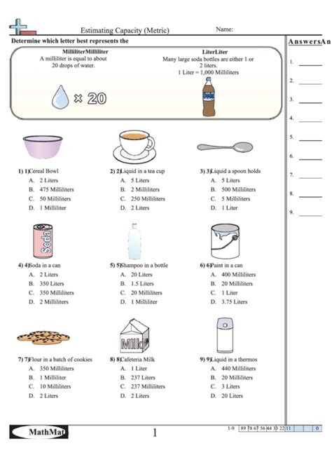 Estimating Capacity Metric Worksheet Printable Pdf Download