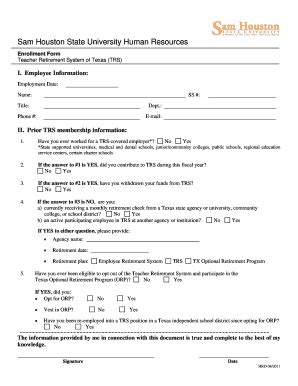 Fillable Online Shsu TRS SHSU Enrollment Form 04 2011 Doc Shsu Fax