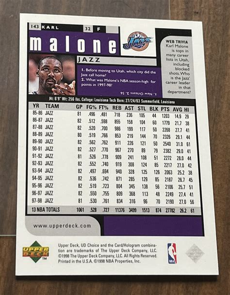 Karl Malone Upper Deck Choice Card Utah Jazz Nba Hofer Ebay