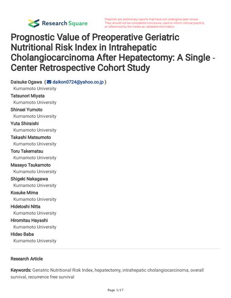 PDF Prognostic Value Of Preoperative Geriatric Nutritional Risk Index