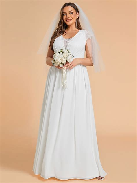 Plus Size Hollow Pleated V Neck Simple Wedding Dress With Short Sleeve