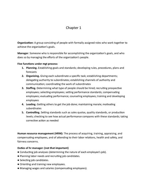 Chapter 1 Gary Dessler S Human Resource Management Chapter 1 Note Chapter 1 Organization A