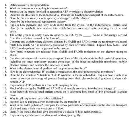 Solved 1. Define oxidative phosphorylation. 2. What is | Chegg.com