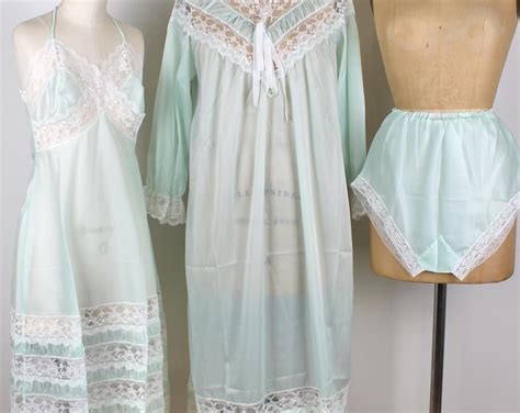 S Vintage Piece Lingerie Set Green Nylon And Lace Nightgowns