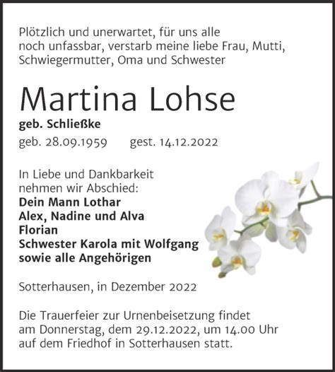 Traueranzeigen Von Martina Lohse Abschied Nehmen De