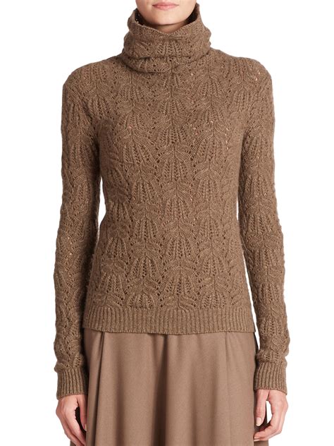 Ralph Lauren Cashmere Crochet Turtleneck Sweater In Brown Lyst