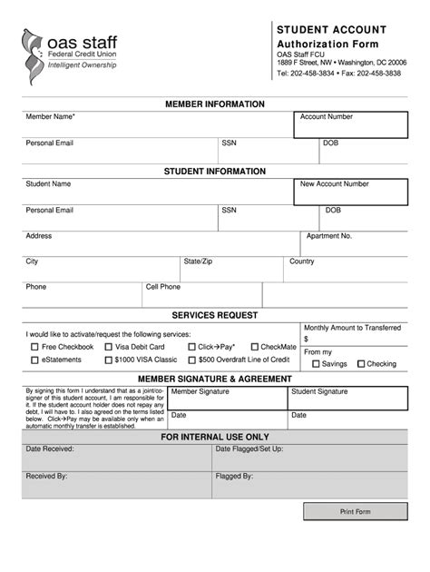 Fillable Online Oasfcu Student Account Authorization Form Oas Staff