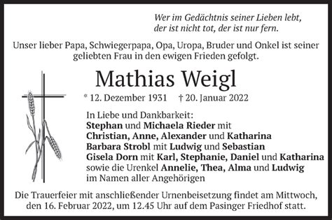 Traueranzeigen Von Mathias Weigl Trauer Merkur De