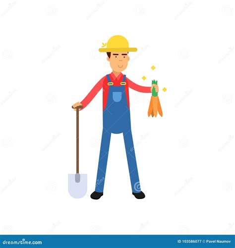 Happy Male Farmer Cartoon Character In Overalls Standing With Shovel