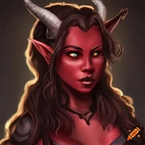 Portrait Of A Young Female Tiefling With Short Brown Wavy Hair And