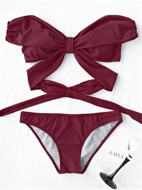 Ad Padded Off Shoulder Wrap Bikini Set Burgundy Style Sexy