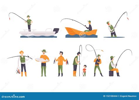 Flat Vector Set Of Fishing People With Fish And Equipment Fishermen In