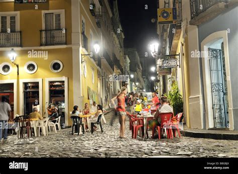 Street scene in the historic city at night, nightlife, Salvador Stock ...