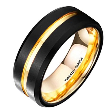 8mm Unisex Or Men S Tungsten Carbide Wedding Ring Band Black Matte Finish With 18k Yellow