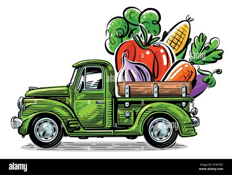 Retro Truck Loaded With Fresh Vegetables Farm Organic Food Vector