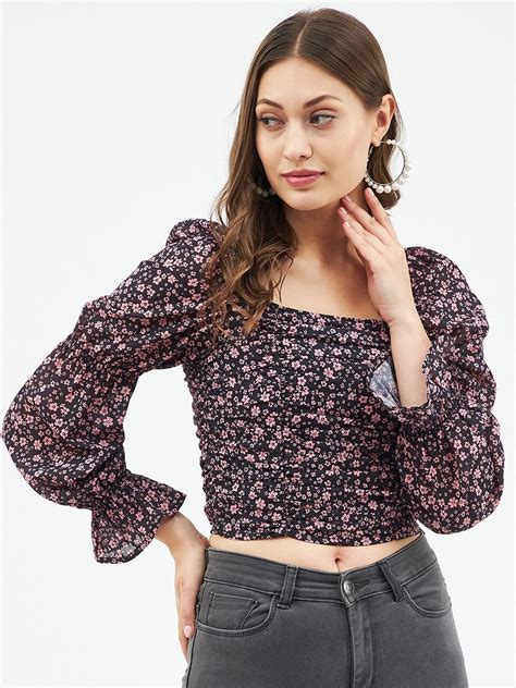 Buy Harpa Floral Printed Square Neck Puff Sleeve Crop Top Tops For