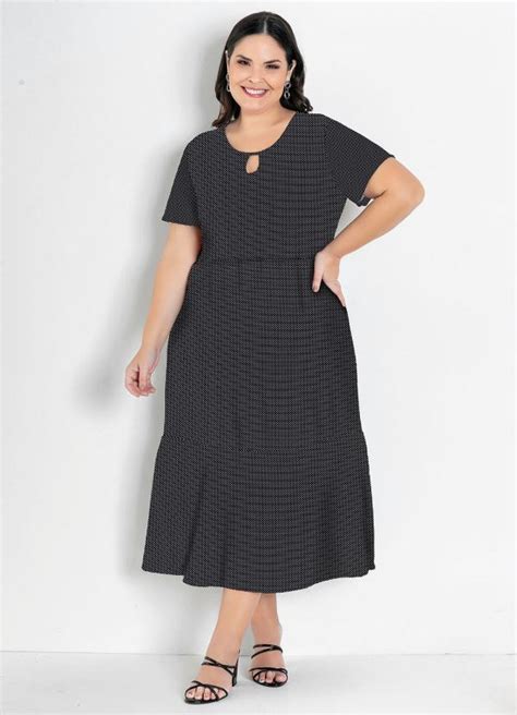 Vestido Poá Preto Com Franzidos Plus Size Marguerite