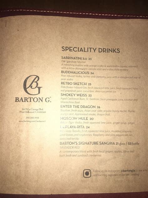 Barton G The Restaurant Los Angeles Menu In Los Angeles California Usa