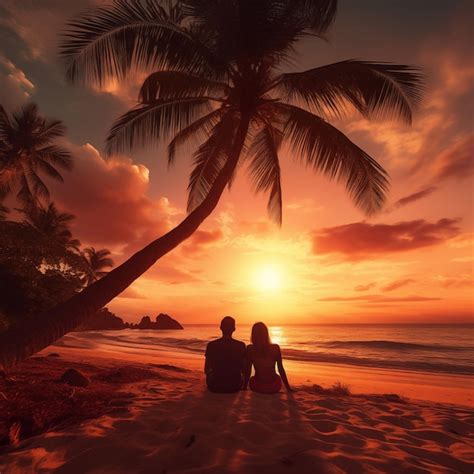 Premium Photo Romantic Couple Sitting On Beach At Sunset