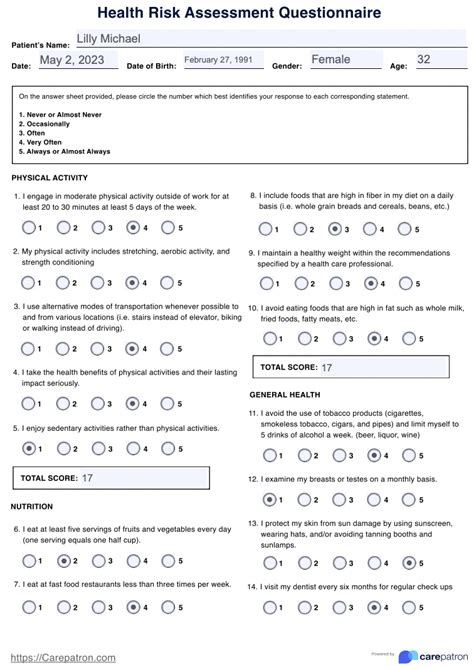 Health Risk Assessment Questionnaire Hra And Example Free Pdf Download