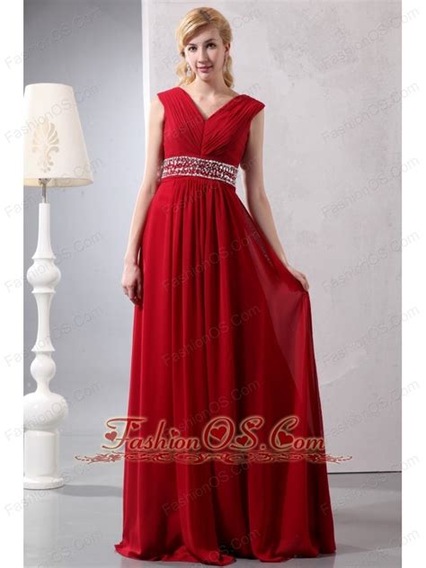 Modest Wine Red Empire V Neck Plus Size Prom Dress Floor Length Chiffon