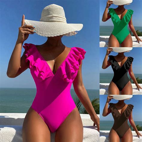 Ruffle Shoulder Beach Swimwear Plus Size Bikini Sexy One Piece High Cut Swimsuit High Cut