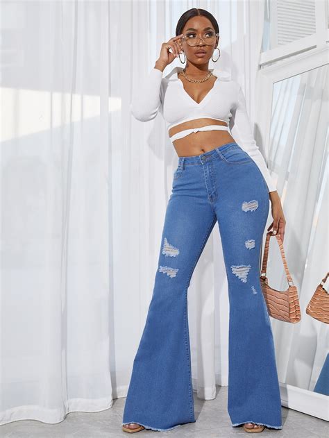 Shein Sxy Jeans De Pierna Amplia De Talle Alto Bajo Crudo Desgarro