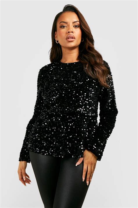 Black Plus Sequin Long Sleeved Peplum Top Boohoo Uk