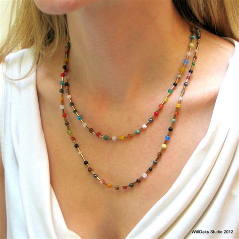 Long Beaded Necklace Of Colorful Gemstones And Vintage Glass Etsy