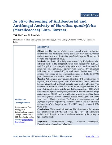 Pdf In Vitro Screening Of Antibacterial And Antifungal Activity Of