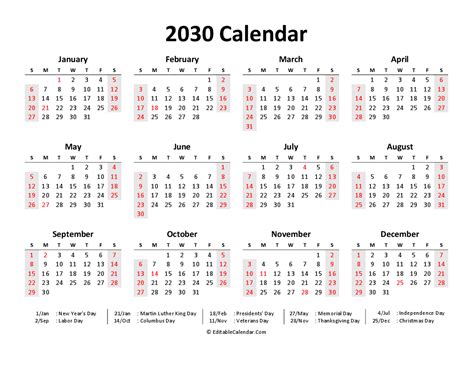 Printable 2030 Calendar Word