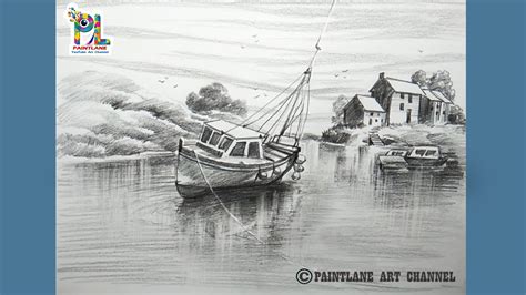 How To Draw Boat And Lake In A Scenery With Pencil Sketch And Shading