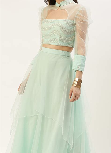 Shop Light Sea Green Embroidered N Sky Blue Lehenga Set Wedding Wear