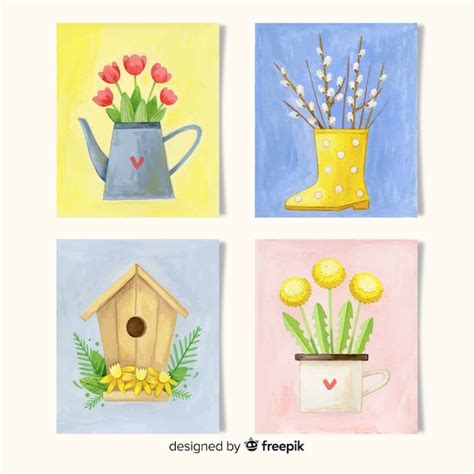 Colección de tarjetas de primavera de acuarela Vector Gratis